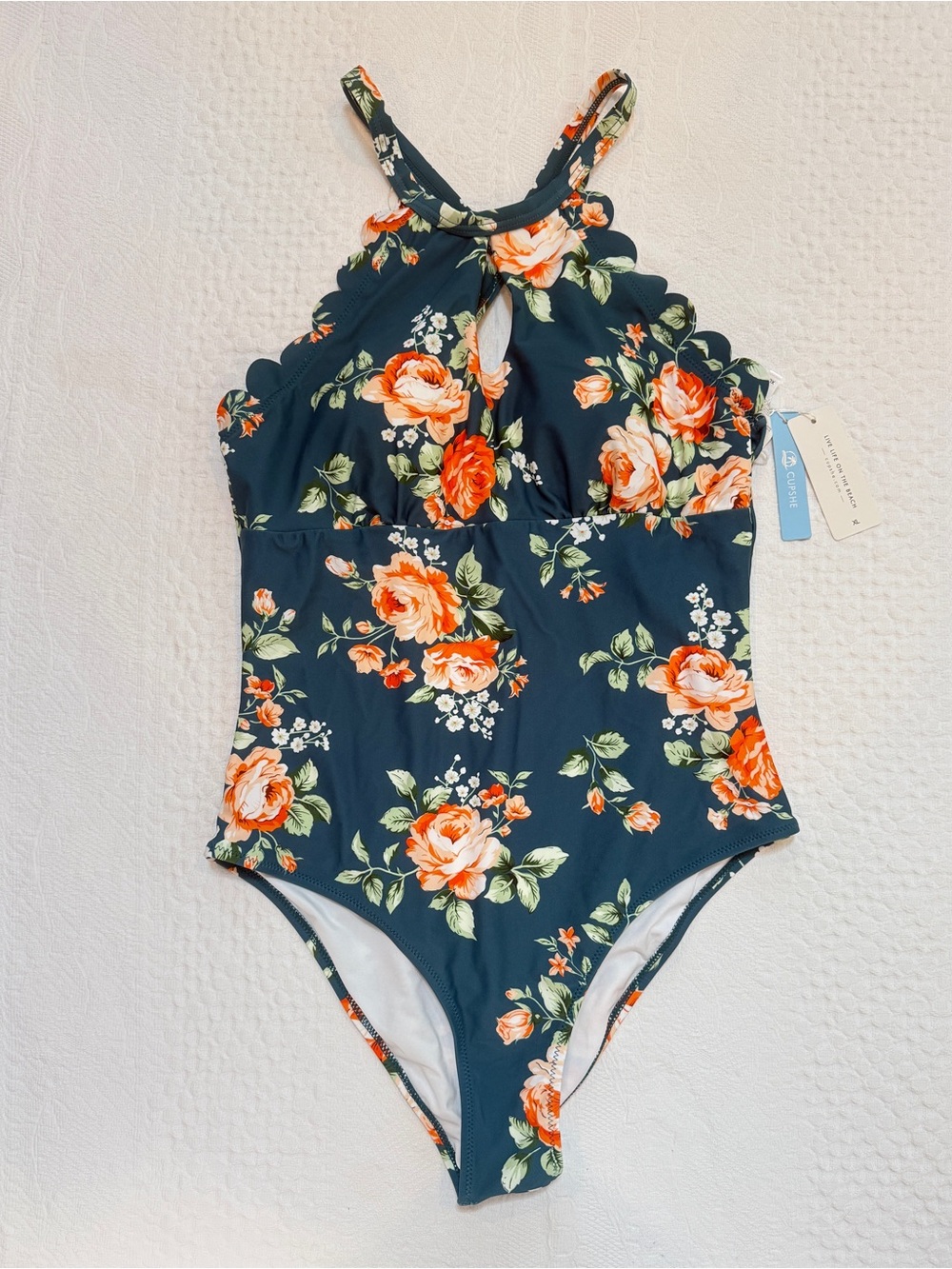 NWT CUPSHE Teal Floral Scalloped Women's XL One Piece Swimsuit